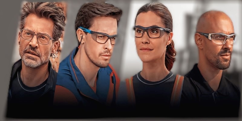 Four people wearing different eye protection for work